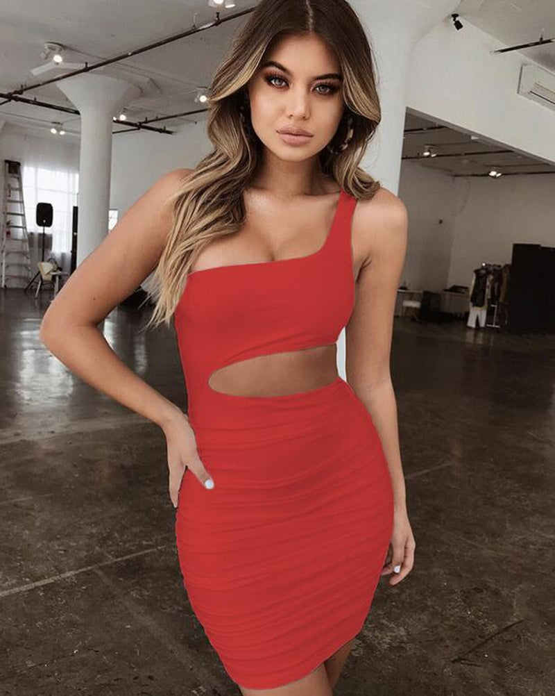 Slim One-Shoulder Short Dress Sexy Fashion Hollow Mini Dresses for Women